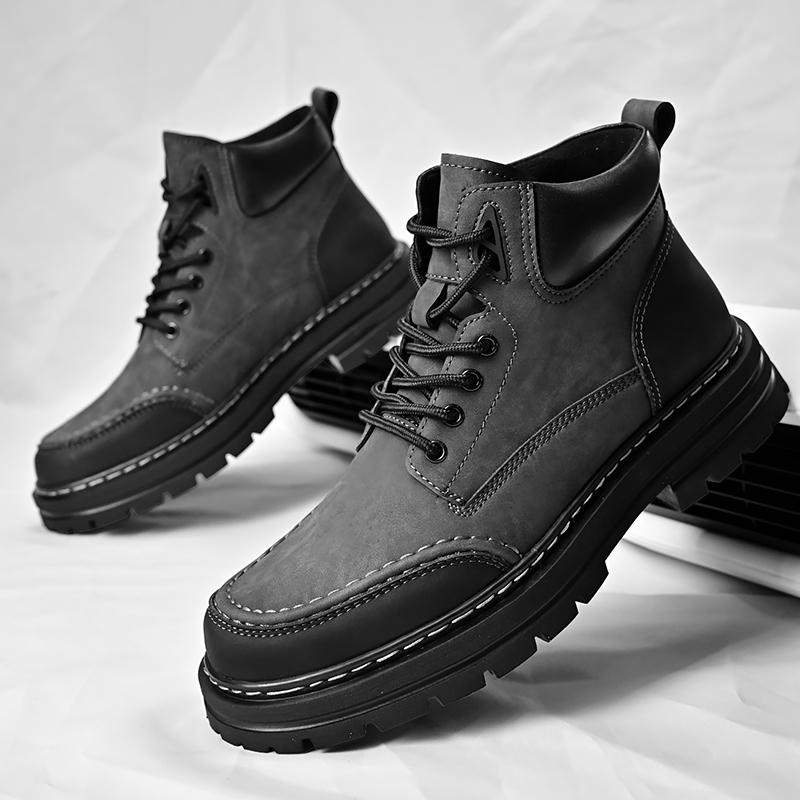 New Winter Fleece Lining Warm Men's Leather Boots, Outdoor Hiking Anti-slip Short Boots, All-season Men's Boots and Casual Boots