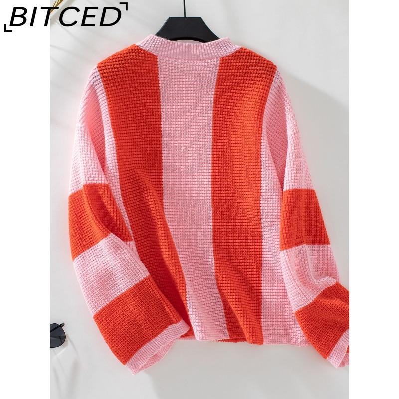 BITCED Women's Color-Block Striped Knit Sweater Fall/Winter Casual Oversized Pullover