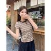 American retro contrasting color crew neck striped front shoulder short-sleeved t-shirt women's summer undershirt slim-fitting top