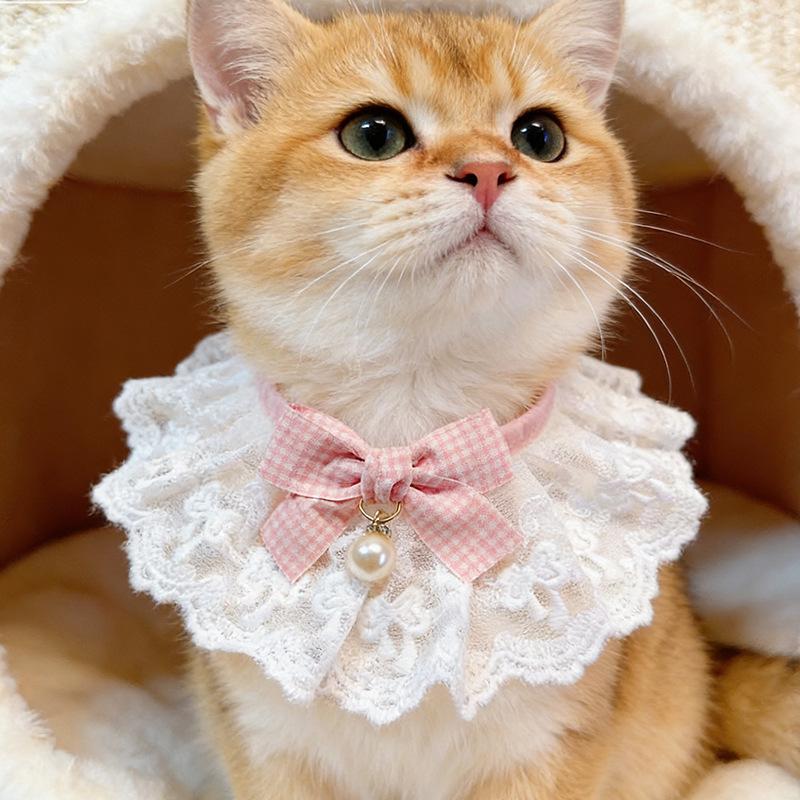 Pet Lace Scarf with Pearl Bow, Adjustable Checkered Collar, Suitable for Small and Medium-sized Cats and Dogs