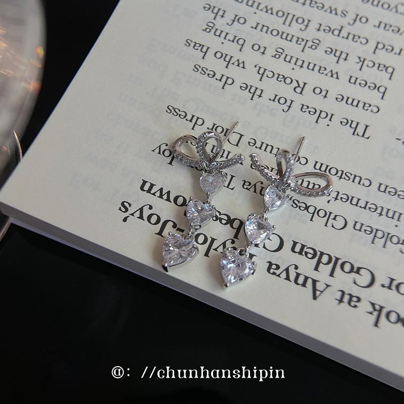 Bow love zircon stud earrings women's light luxury niche design high-end ear clips mosquito coil disc earrings without earholes