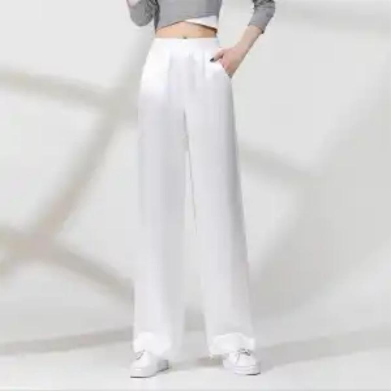 

Women s High Waist Elastic Waist Satin Wide Leg Pants M белый