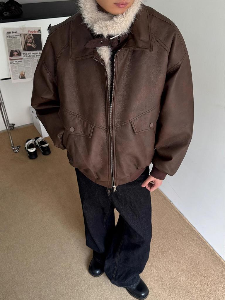 Unisex American Retro Patchwork PU Leather Jacket with Fur Collar - Winter Warm Golden Eagle Cotton Padded Outerwear