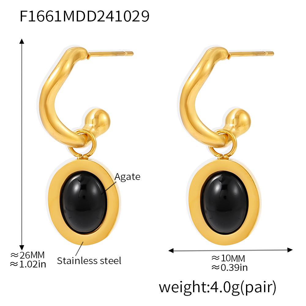 Qiong Yao European Oval Agate Earrings, 18K Gold-Plated Stainless Steel, Elegant and Exquisite Drop Design for Women