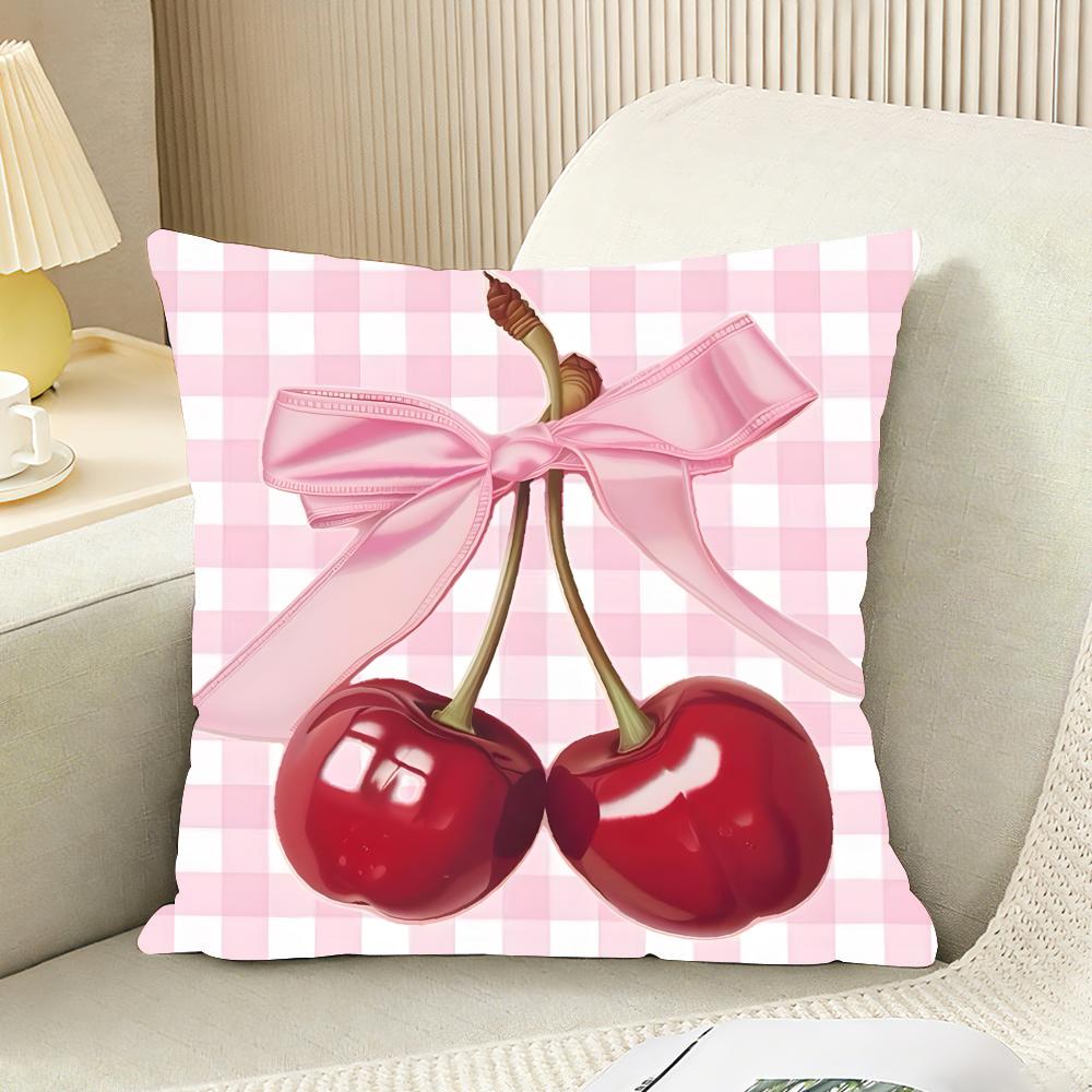 Pink Bow Cherry Cushion Cover Reversible Plush Pillow Cover For Car Sofa Bedroom Decorative Gift Pillowcase