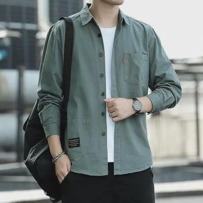 Men's Japanese Retro Long Sleeve Casual Work Shirt with Loose Fit and Trendy Pockets