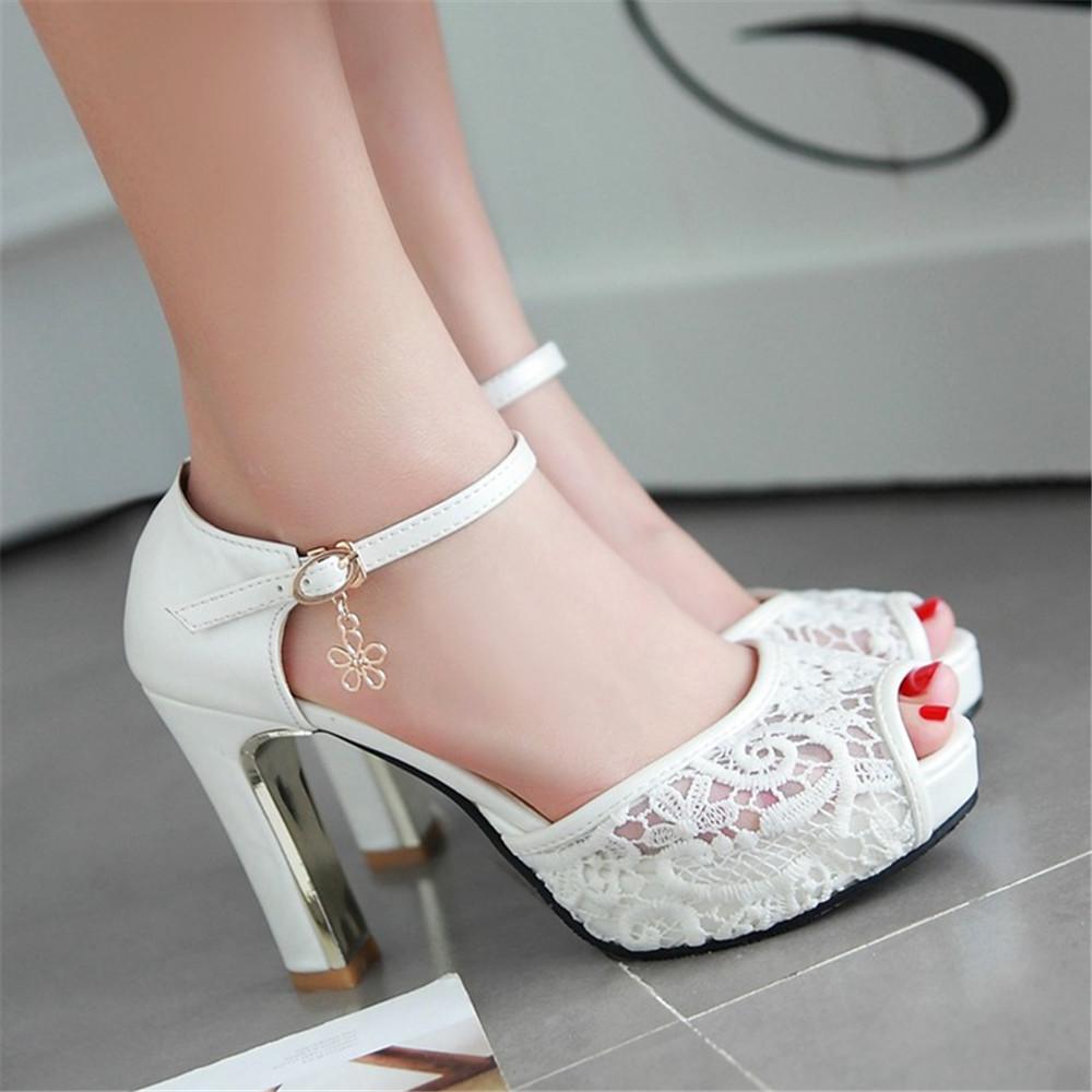 Fashion Women Summer Lace Bow Mesh Shoes Fish Mouth High Heel Ladys Platform Sandals Evening White Dress Wedding Female Zapatos De Mujer