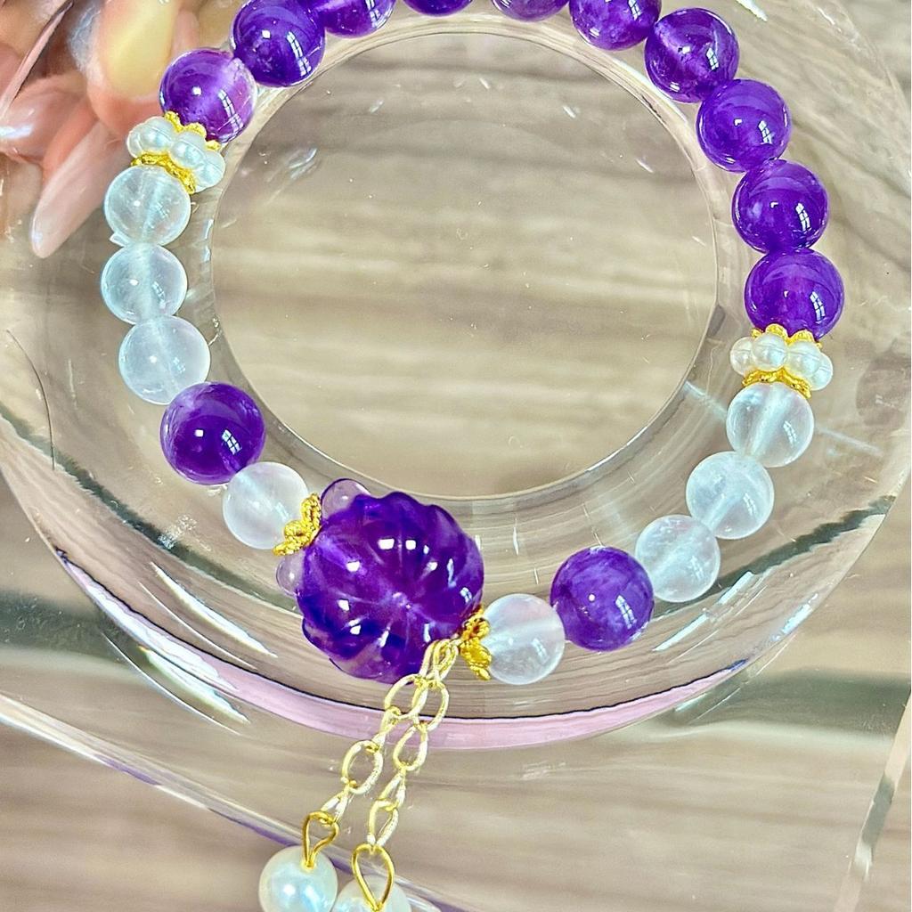 Natural Five Elements Multi-Gemstone White Crystal, Amethyst, Green Phantom Quartz, Strawberry Quartz Multi-Gemstone Single-Strand Bracelet for