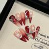 10Pcs Long Teardrop Wine Red Cat Eye French Handmade Fake Nails