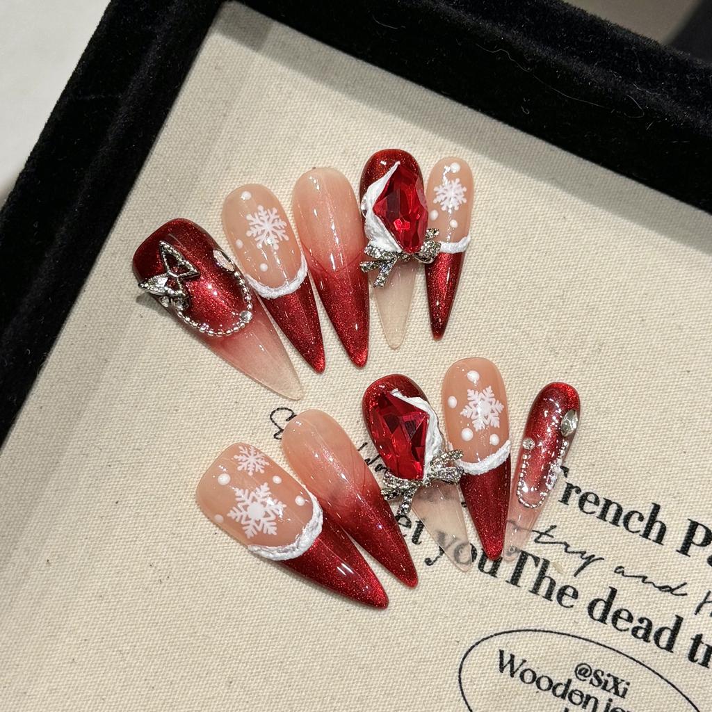 10Pcs Long Teardrop Wine Red Cat Eye French Handmade Fake Nails