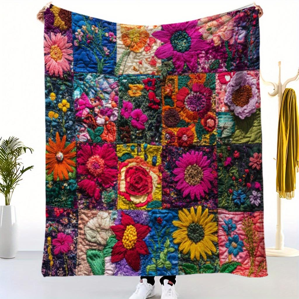 Colorful Floral Print Patchwork Blanket, Vibrant Quilted Rose Daisy Design Polyester Throw for Sofa Bed Decor & Gift