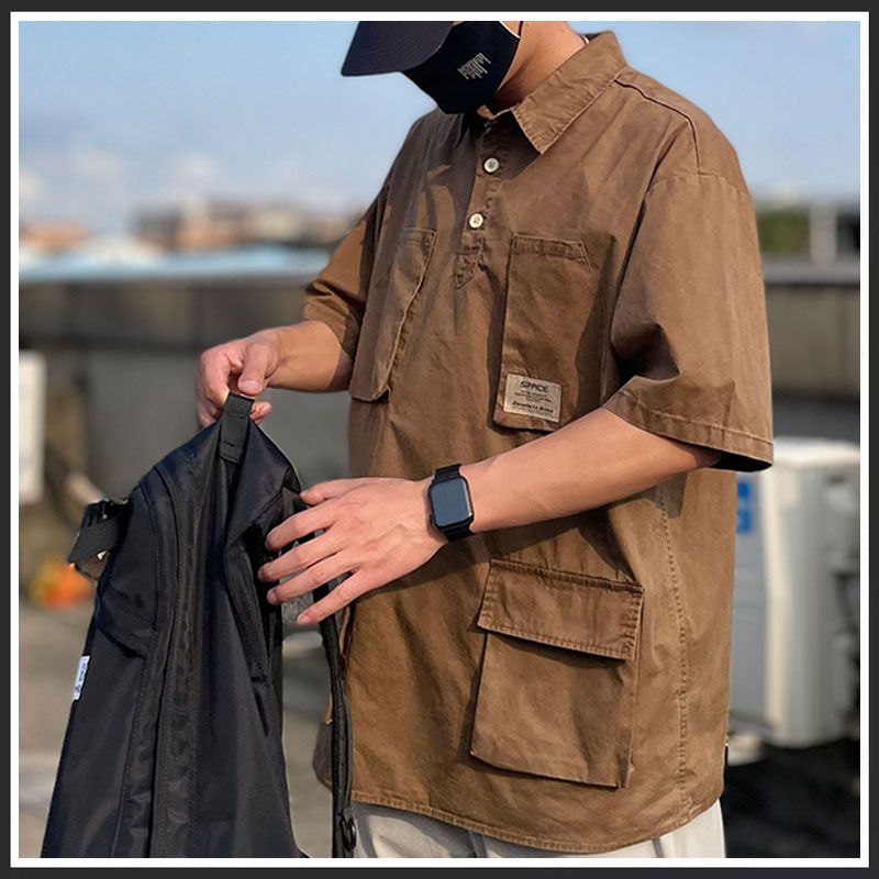 Summer Japanese Polo Shirt Short Sleeved Polo Collar T-shirt Men's Trendy Brand High End Pi Shuai Multi Pocket Shirt Top
