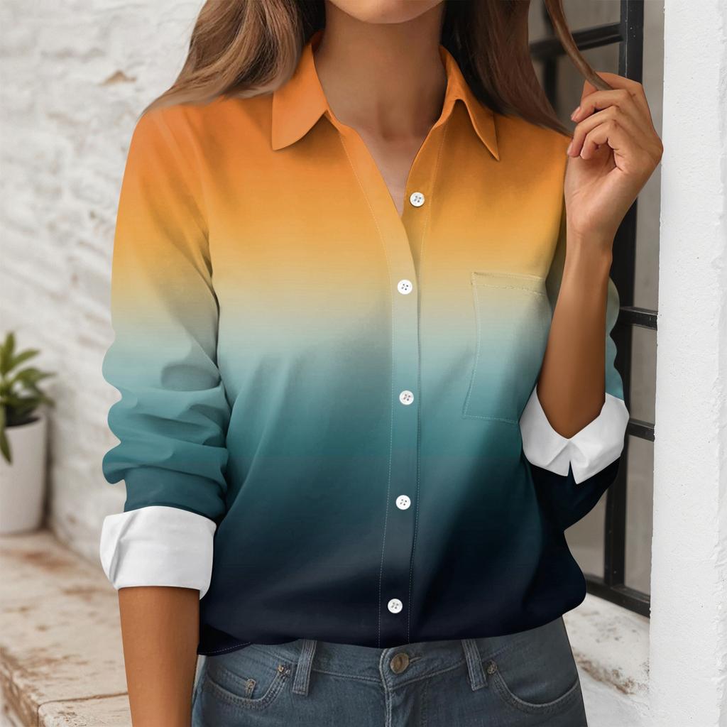 Camisa Estampada de Botones para Mujer Camisa de Manga Larga Tops de Trabajo para Negocios Casual con Bolsillos Chaqueta