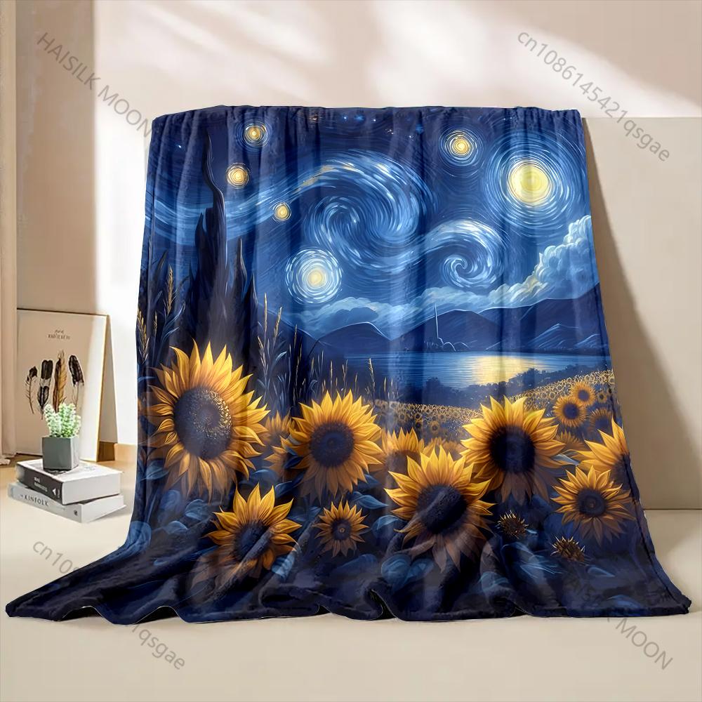Oil Painting Sunflower Starry Sky Blanket Warm Soft Fluffy Kids Adult Luxury Gifts for Sofa Bed Home Outdoor Travel Camping