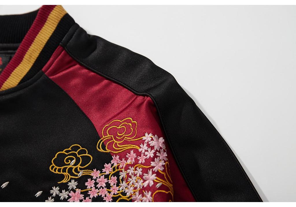 Herren Retro Baseballjacke mit Koi & Floralstickerei - Chinesischer Stil B002