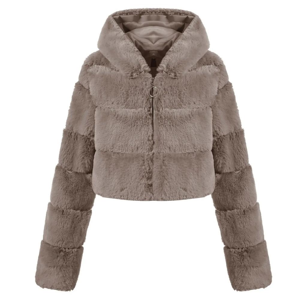 Y2k Streetwear Women Autumn Winter Faux Fur Coat Hooded Cropped Jacket Fur Coat Long Sleeve Cardigan Soft Tops Vintage Harajuku