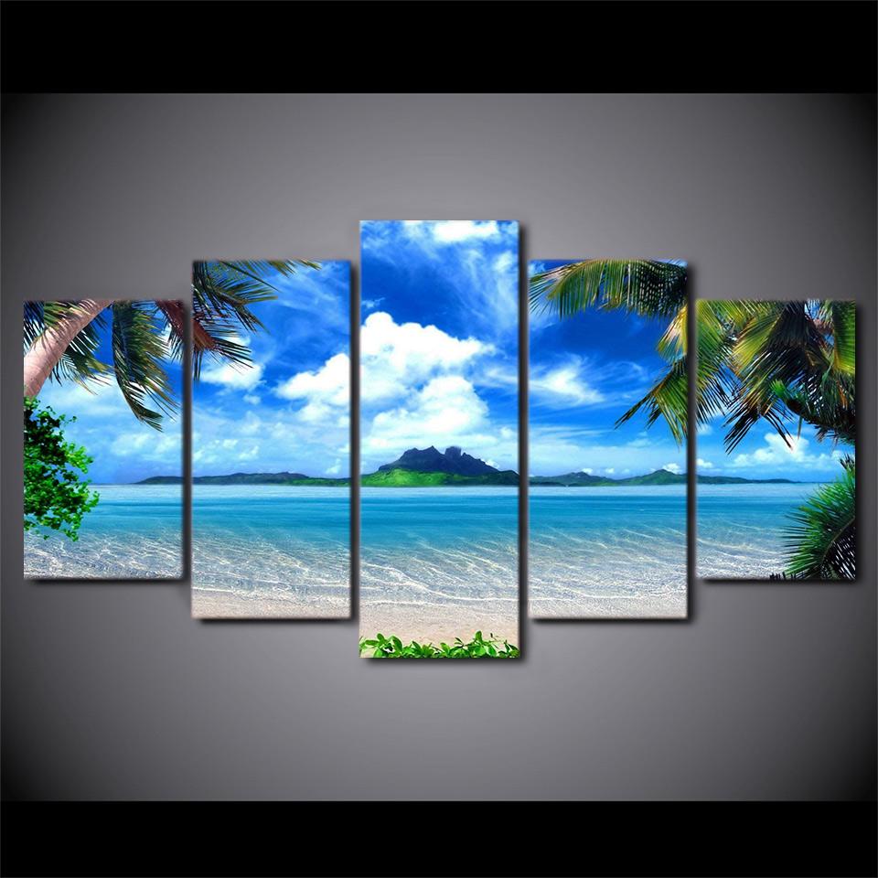 HD Print Canvas Wall Art Pictures Modern Living Room 5 Panel Beach Blue Palm Trees Decor Poster 5 Pieces Painting No Frame