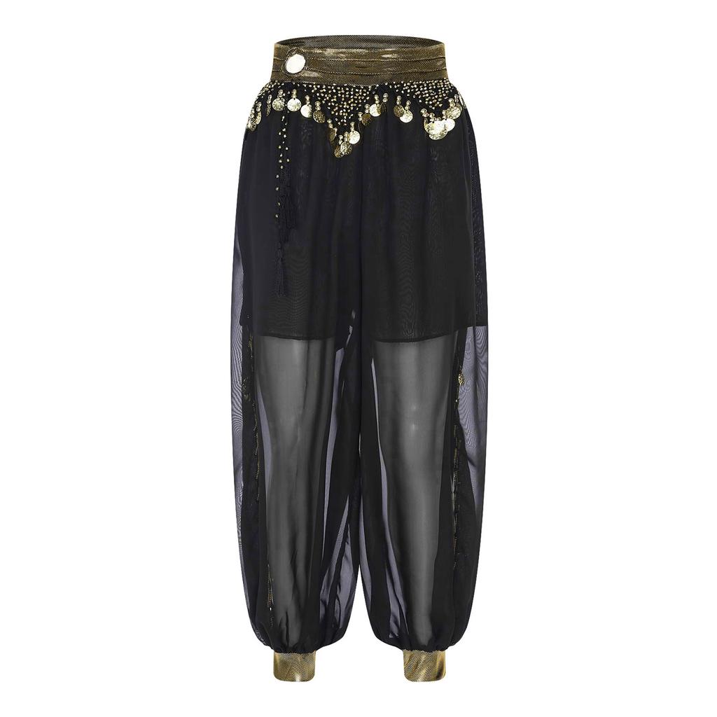 Dames Magedansk Kostyme Chiffon Perlebesatt Dusk Bloomers Metallisk Rynkekant Midjebånd Sidesplitt Bukser Karnevalsfest Antrekk