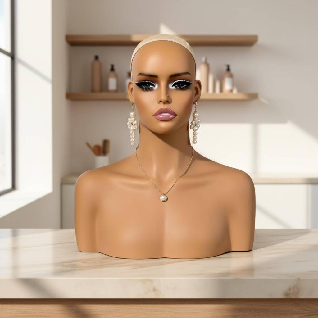 Mannequin Head with Shoulders Skin-Tone Female Bust Shape Extended Neck