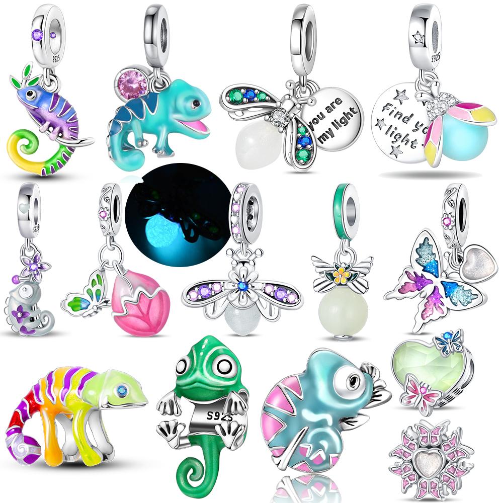 Charms 925 Silver Blue Chameleon Firefly Night Light Animal Pendant Beads Fit Bracelet Women Jewelry Accessory Gift Diy