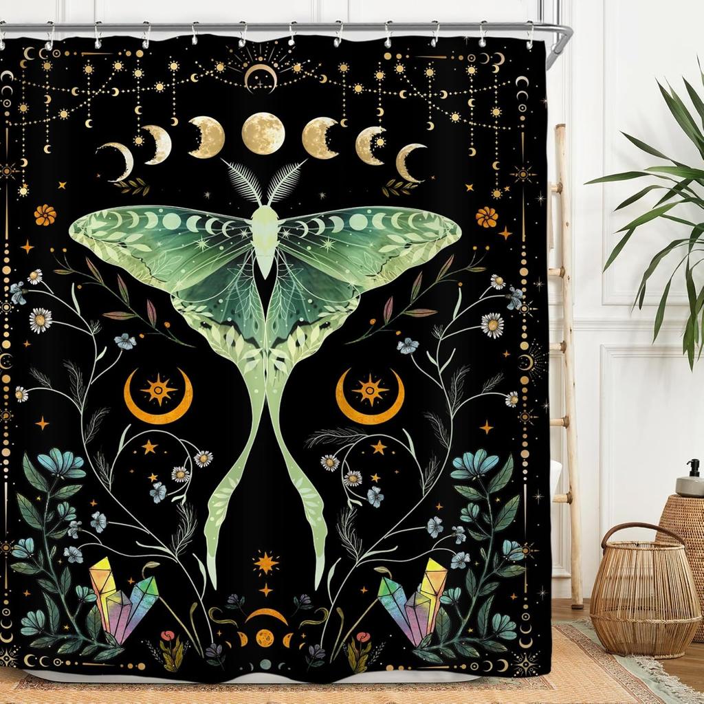 Witchy Gothic Shower Curtain - Moon Phase & Teal Wildflower Design,Mysterious Night Botanical Polyester,60x71 Inch with 12 Hooks