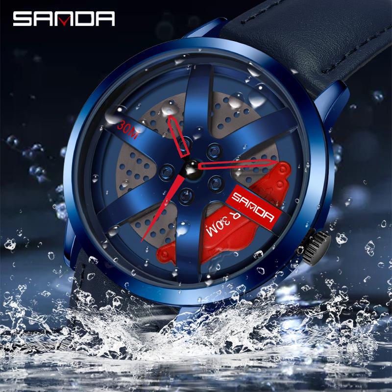 Sanda Cool Men's 3D Hollow Car Wheel Leather Strap Quartz Watch