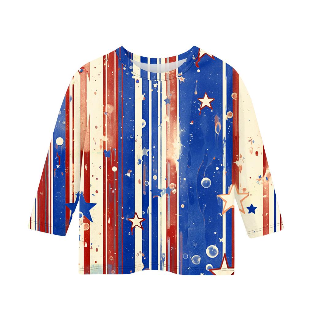 Print Tops For Youth Girls Round Neck 3/4 Sleeves T-Shirts Trendy Tops Outfit Tees Independence Day