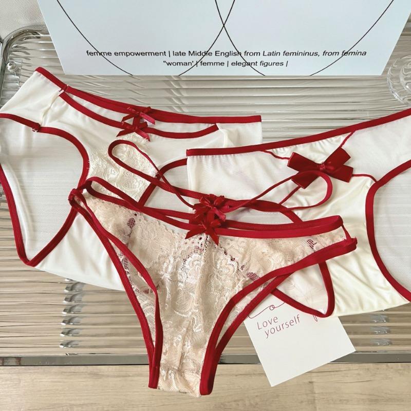 Female Sexy Red Underwear with Low Waist Briefs Hollow Thin Design Pure Cotton Crotch Women's Triangle Panties
