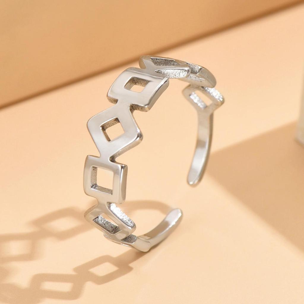 Hollow Geometric Square Adjustable Stainless Steel Minimalist Open Ring for Men & Women - Vacuum Plated Gold