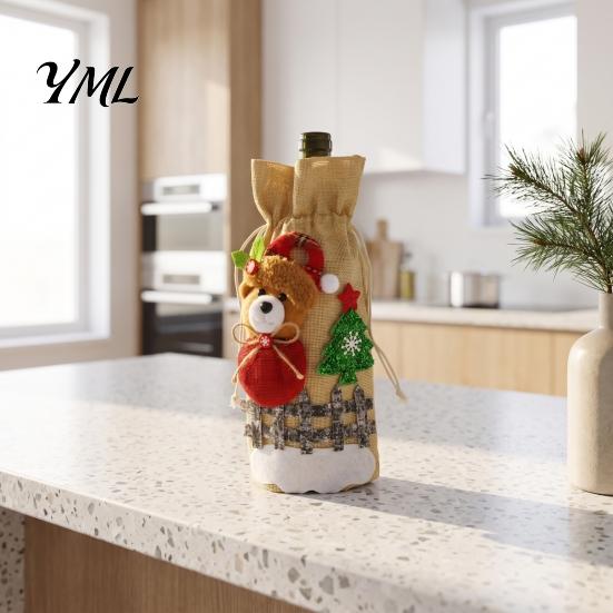 Decorative Wine Bottle Holders Christmas Cover, Santa Claus/Snowman/Elk/Bear Gift Bag with Sticker Decals, Holiday Winter Home Accents Party