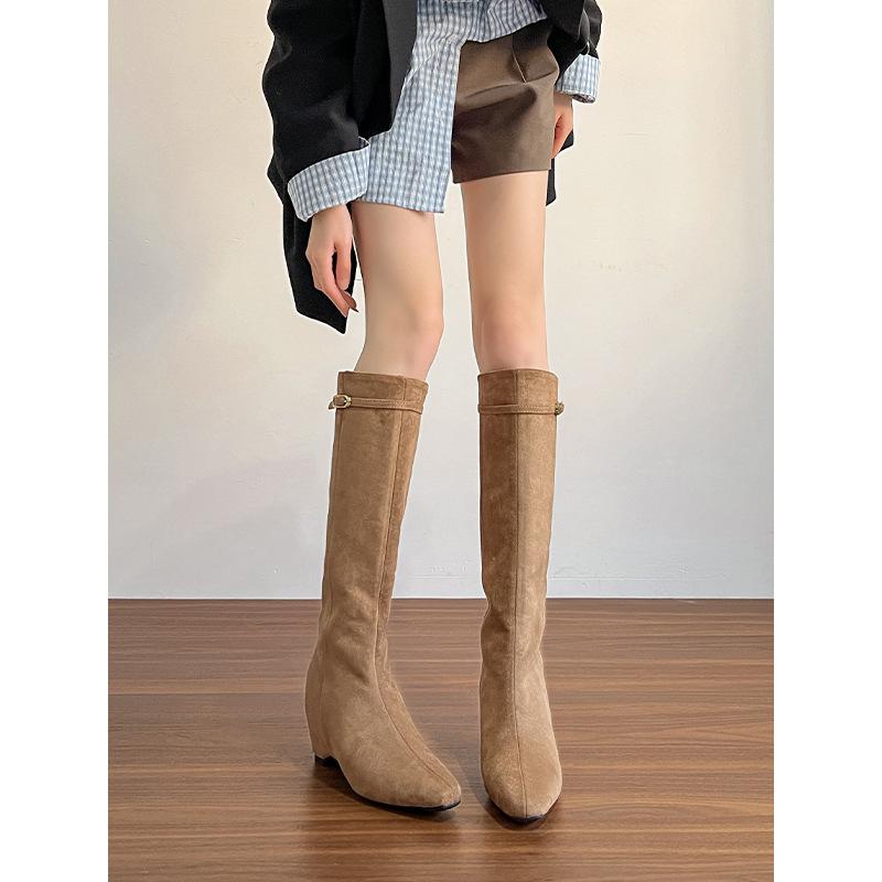 8CM~ Small inner height increase boots, black buckle high boots, women's autumn and winter thin boots, thin knight boots