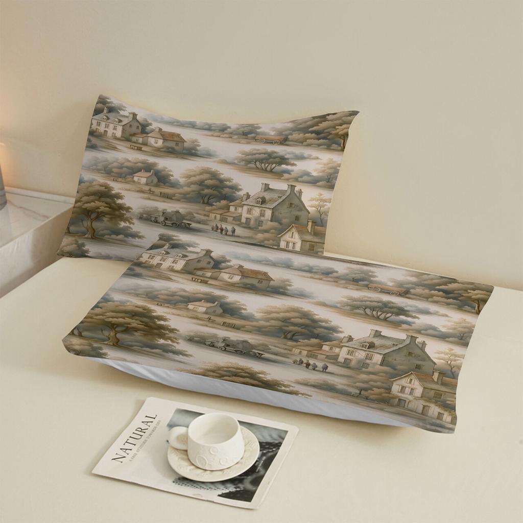 3D Digital Printing Mountain Village Woods Fitted Sheet Set NO Pillowcases Serene Peaceful Washed Cotton Material Comfortable