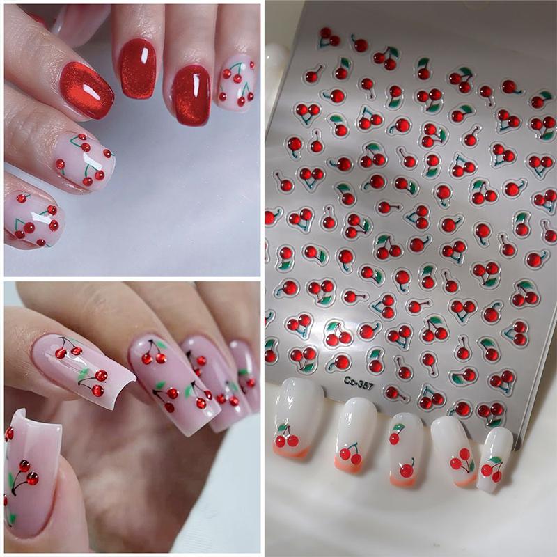 1 Sheet Chic Self Adhesive Manicure Decal Lovely Red Fruit Strawberry Bowknot 5D Nail Art Stickers Diy Accessories
