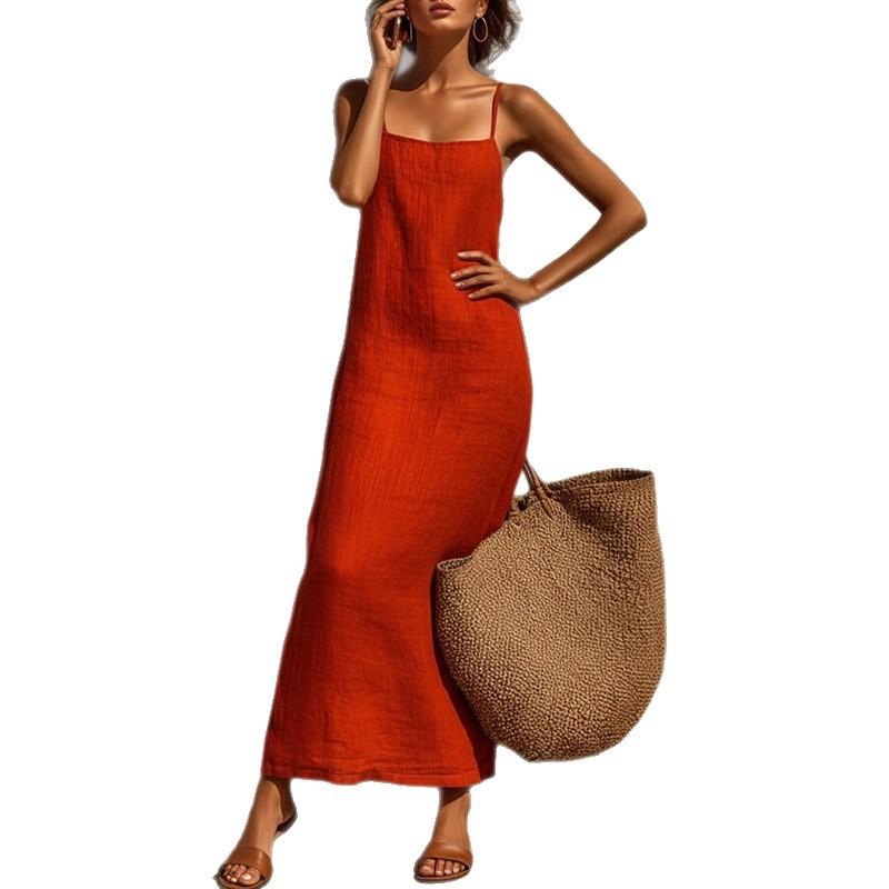 New summer clothing, European and American women's clothing, casual vacation style solid color suspender dress, long dress for women