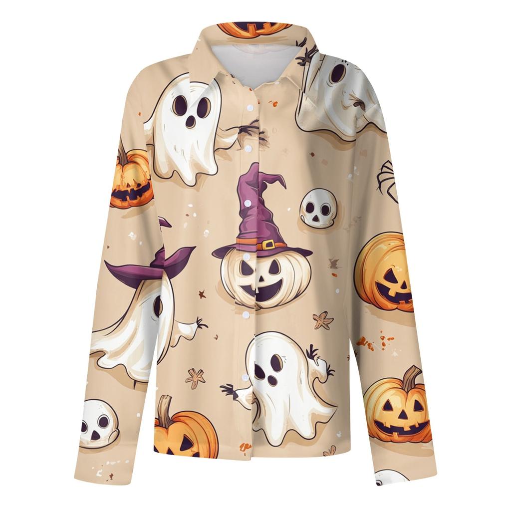 Damen Hemd Bluse Halloween Print Knopf Langarm Lässig Basic Hemdkragen Regulär Top