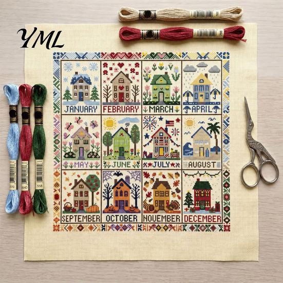 Healing Hobby Gift for Craft Lovers 12-Month Cross Stitch Kit, DIY Four Seasons Embroidery Seasonal Idea Enthusiasts Stamped Stitching Set Beginners,