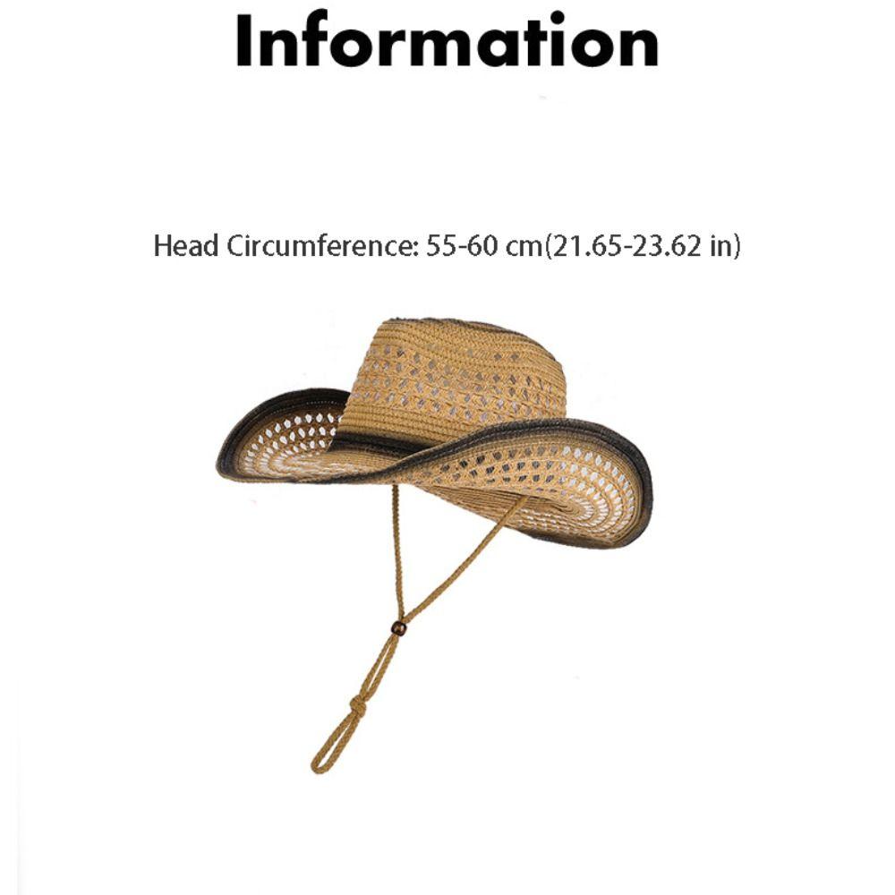 Classic Summer Sunscreen Straw Hat Wide Brim Hollow Out Western Cowboy Hat Retro Ethnic Style Sun Hat for Women Men