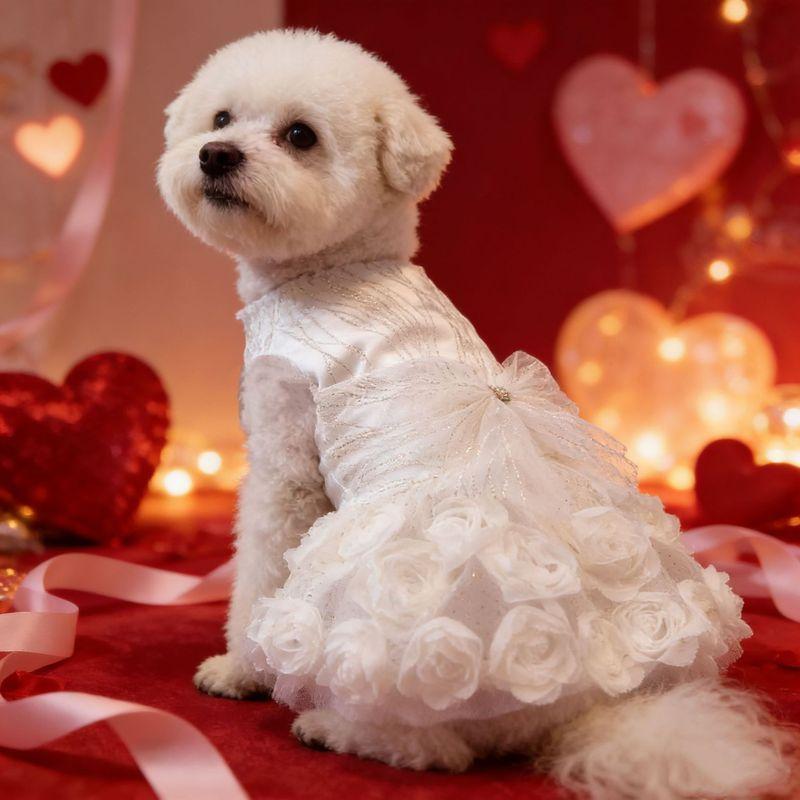Formal Dog Princess Dress, Sparkly Tulle Pet Wedding Dress, Pink Rose Floral Puppy Outfit for Small Dogs Chihuahua Yorkie