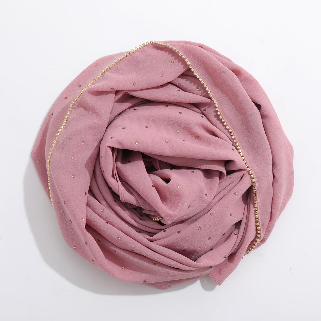 Fashion Hot Sale High-Quality Pearl Chiffon Rhinestone Chain Scarf Shawl Muslim Women Hijab Ethnic Headscarf