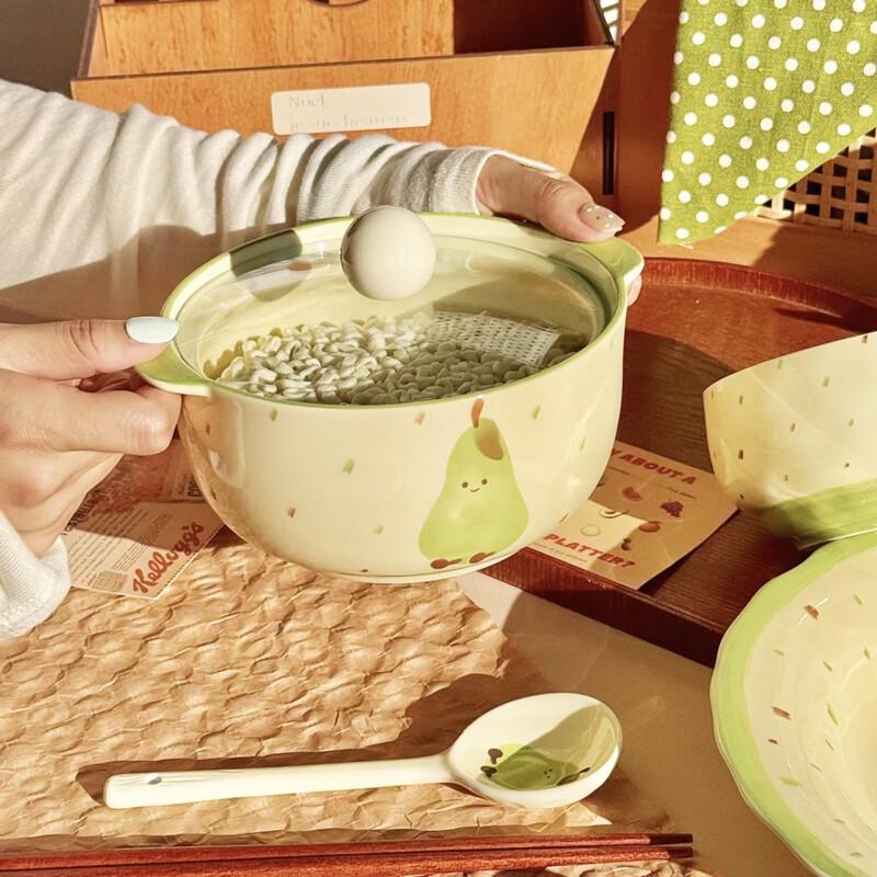 ZISIZ Cute Green Pear Ceramic Noodle Bowl Set
