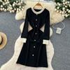 Autumn Winter Women Vintage Black Knitted Sweater Pullover Dresses with Beading