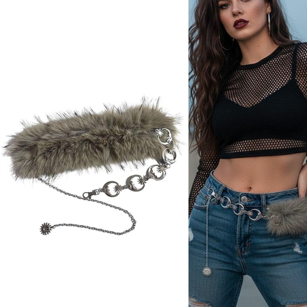 Vintage Trendy Design Faux Fur Belts Spicy Girl Metal Chain Furry Splicing Belt Punk Y2K Waist Chain Women Fashion