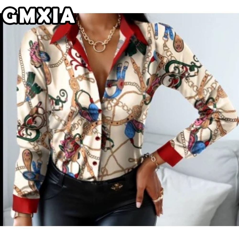 GMXIA Damenmode Lässig Freizeit Einfarbig Druck Langarm POLO Kragen Blusen & Hemden