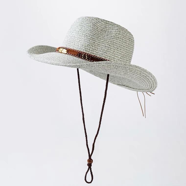 Men Women Outdoor Wide Brim Straw Panama Sun Hats Cowgirl Western Cowboy Fishing Hat with Feather Belt Summer Beach