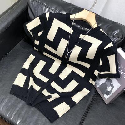 T-shirt en tricot à manches courtes coupe ajustée avec motif géométrique pour homme