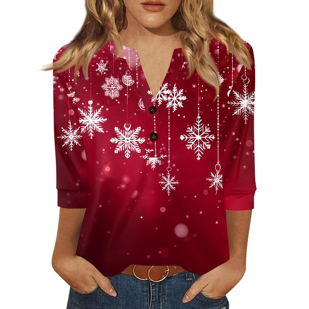 Women's T Shirt Christmas Print Button 3/4 Sleeve Daily Weekend Fashion Basic V- Neck Regular Top