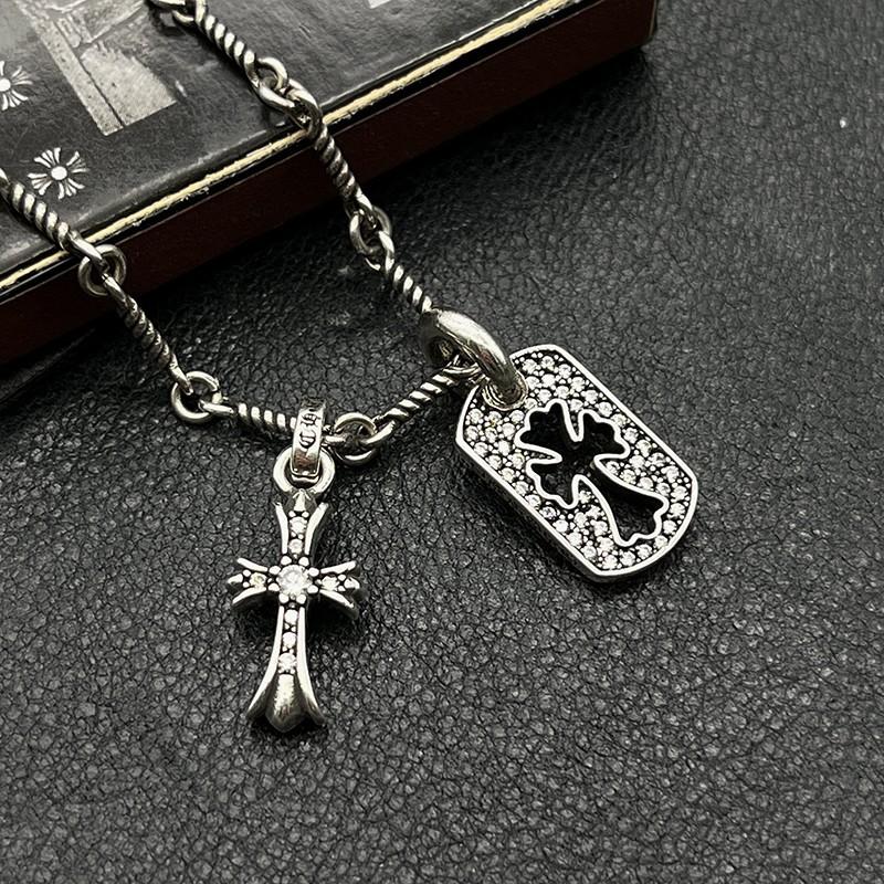 Crowe Necklace Sterling Silver Old Vintage Full Diamond Cross Double Pendant Hip Hop Niche Sweater Chain