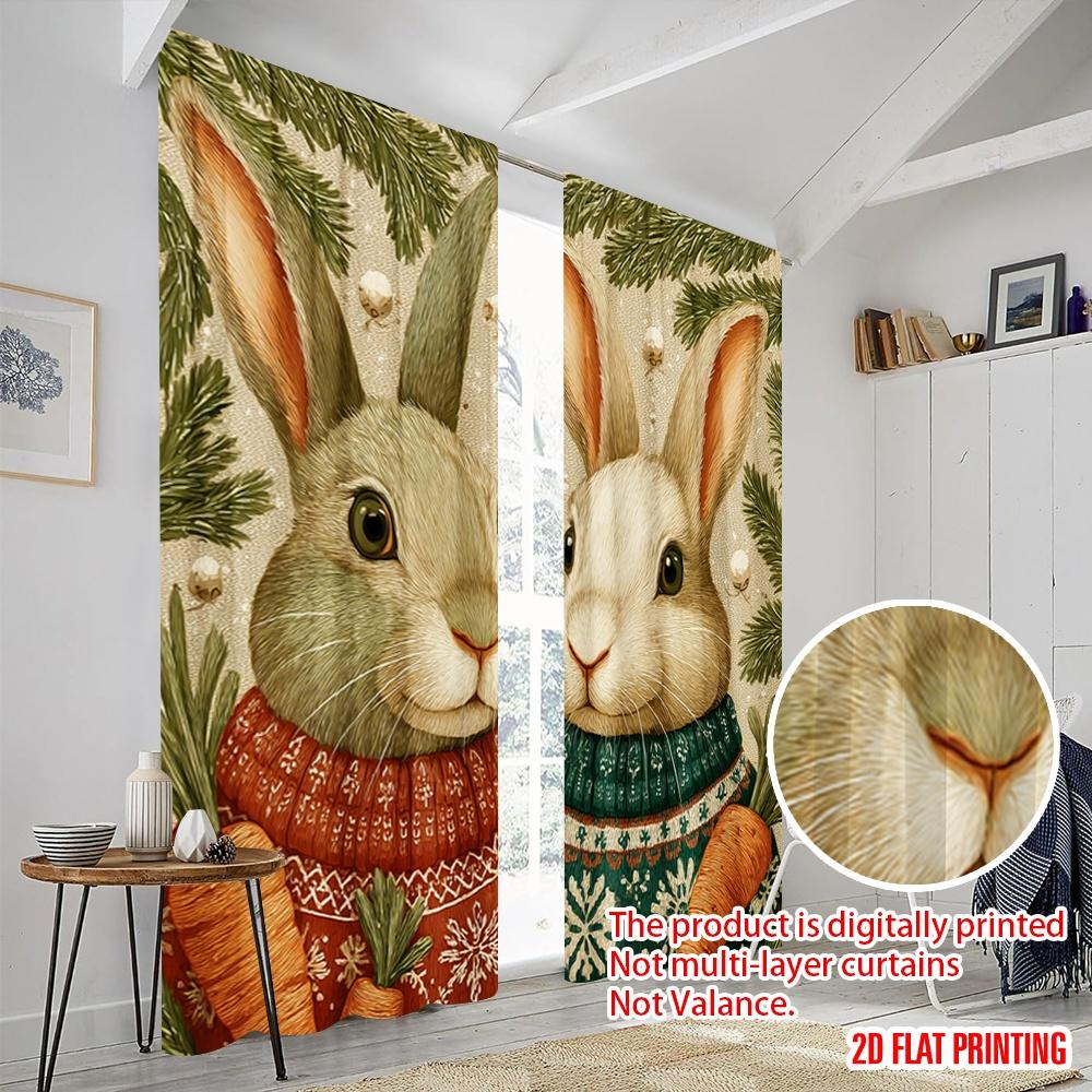 2pcs,2D plane printing Curtains&Window Treatment Rabbit with Pine Branches & Snowflakes Polyester (without rod) Decorations For