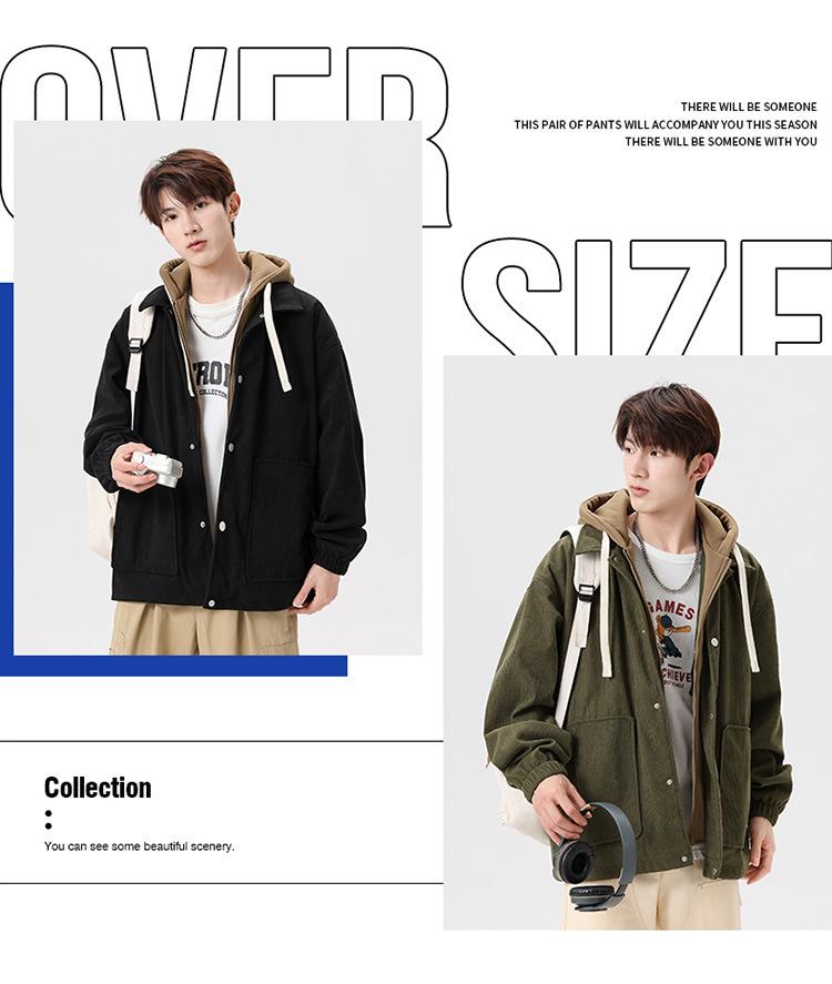 Japanese Trendy Corduroy Hooded Jacket with Fleece Lining: Autumn/Winter Hong Kong Style for Men