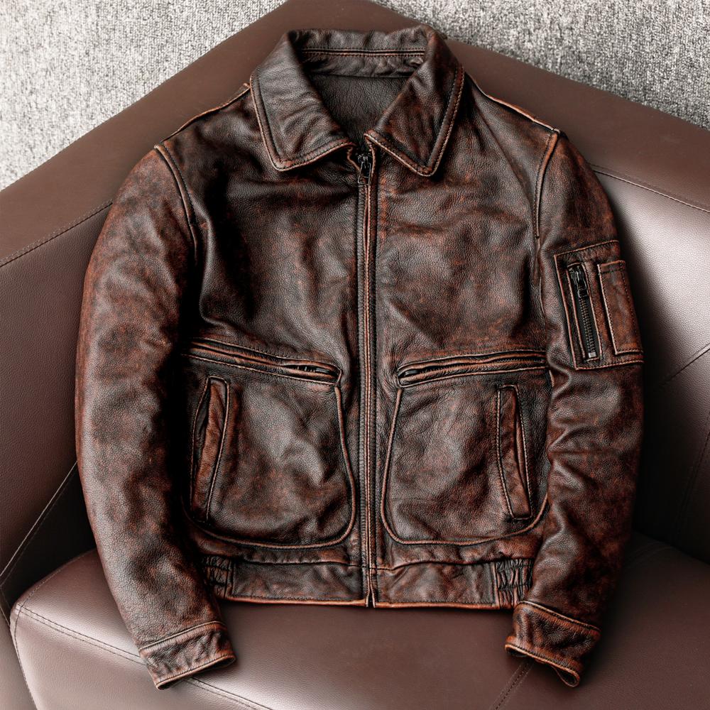 Vintage A2 Flight Jacket Mens Distressed Leather Bomber Jacket Retro Brown Cowhide Biker Coat